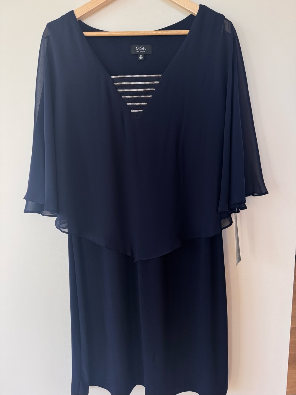 NWT MSK Women Navy Cape Overlay Rhinestone Dress 1X